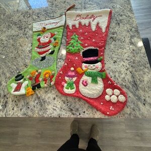 Vintage Sequined Felt Handmade Christmas Stockings. Lot of Two Santa Snowman
